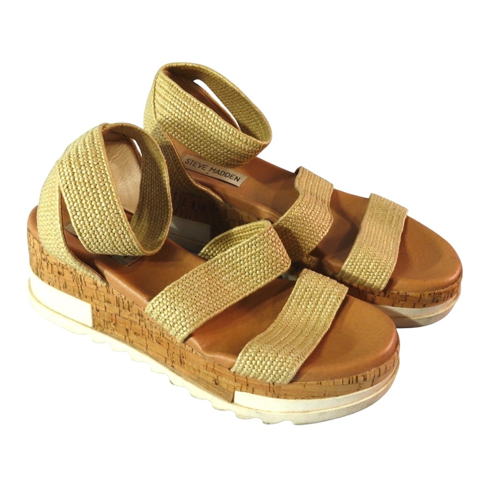 STEVE MADDEN SANDALS Bandi Beige Straw Cork Wedge PLATFORM SHOES Ankle Strap 7 M